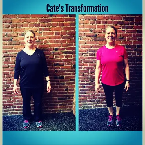Side-by-side photos of a woman standing against a brick wall, showing her before (left, in black) and after (right, in pink) a fitness transformation.