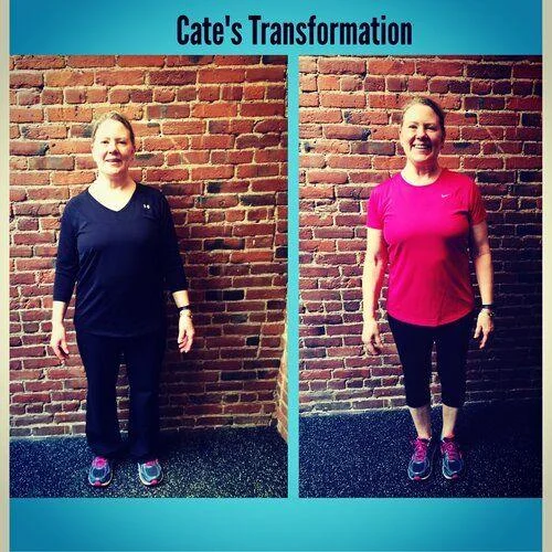 Cate’s+Transformation Side-by-side photos of a woman standing against a brick wall, showing her before (left, in black) and after (right, in pink) a fitness transformation.