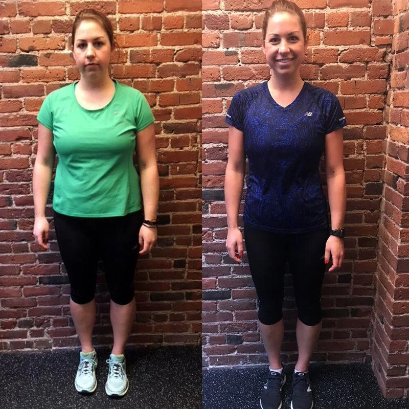 ann-marie A woman stands against a brick wall in two side-by-side photos, showing a physical transformation with different outfits and improved posture.