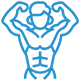 bodybuilder Blue line drawing of a muscular person flexing both arms, showing defined chest, arm, and abdominal muscles.