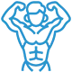 bodybuilder Blue line drawing of a muscular person flexing both arms, showing defined chest, arm, and abdominal muscles.