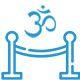 exclusive-access Blue outline of the Om symbol above a rope barrier between two posts, on a white background.