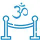 exclusive-access Blue outline of the Om symbol above a rope barrier between two posts, on a white background.