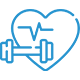 health Blue outline of a heart with a pulse line, with a dumbbell in front, symbolizing fitness and heart health.