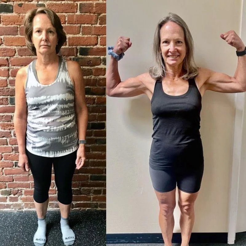 jan Side-by-side photos of a woman before and after a fitness transformation; on the left, she stands still, and on the right, she flexes her arms and smiles.