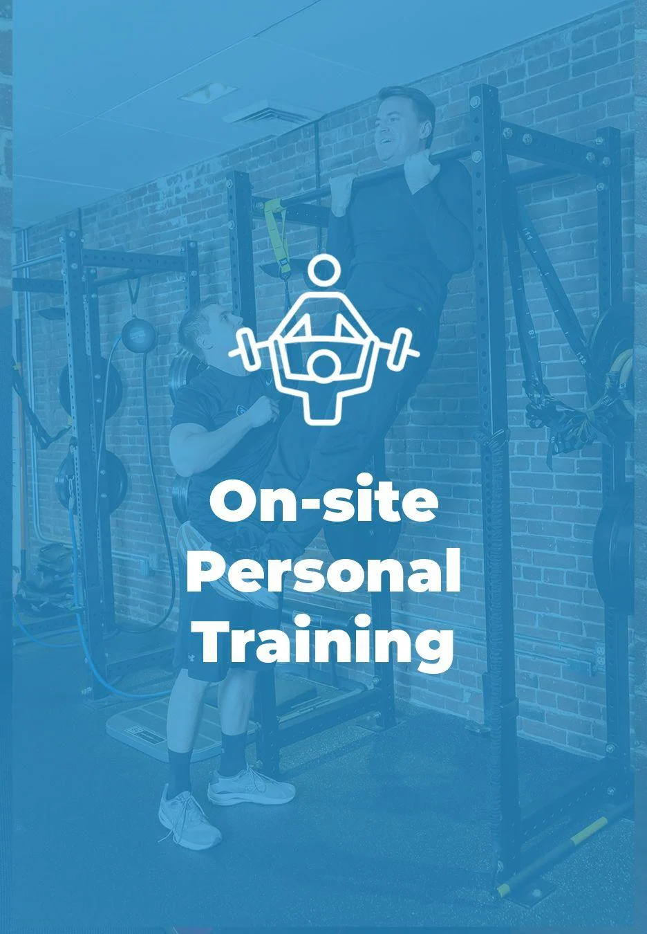 Two men exercising indoors; one man assists the other with pull-ups on a metal frame. Text overlay reads: On-site Personal Training.