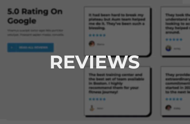 A blurred background displays customer reviews and a 5.0 Google rating with the word "REVIEWS" in large, bold white text across the center.