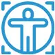 t22 Blue accessibility icon showing a person with outstretched arms inside a circle, surrounded by four corner brackets.