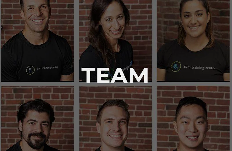 A grid of six people wearing black "aum training center" shirts is shown against a brick wall, with the word "TEAM" in bold white letters across the image.