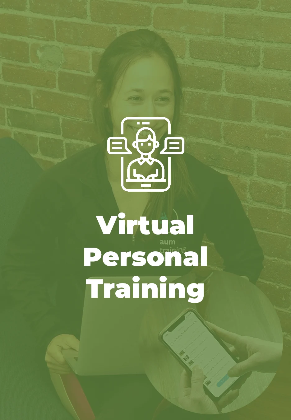 A woman sits with a laptop, and a close-up shows a phone displaying messages; overlaid text reads "Virtual Personal Training.