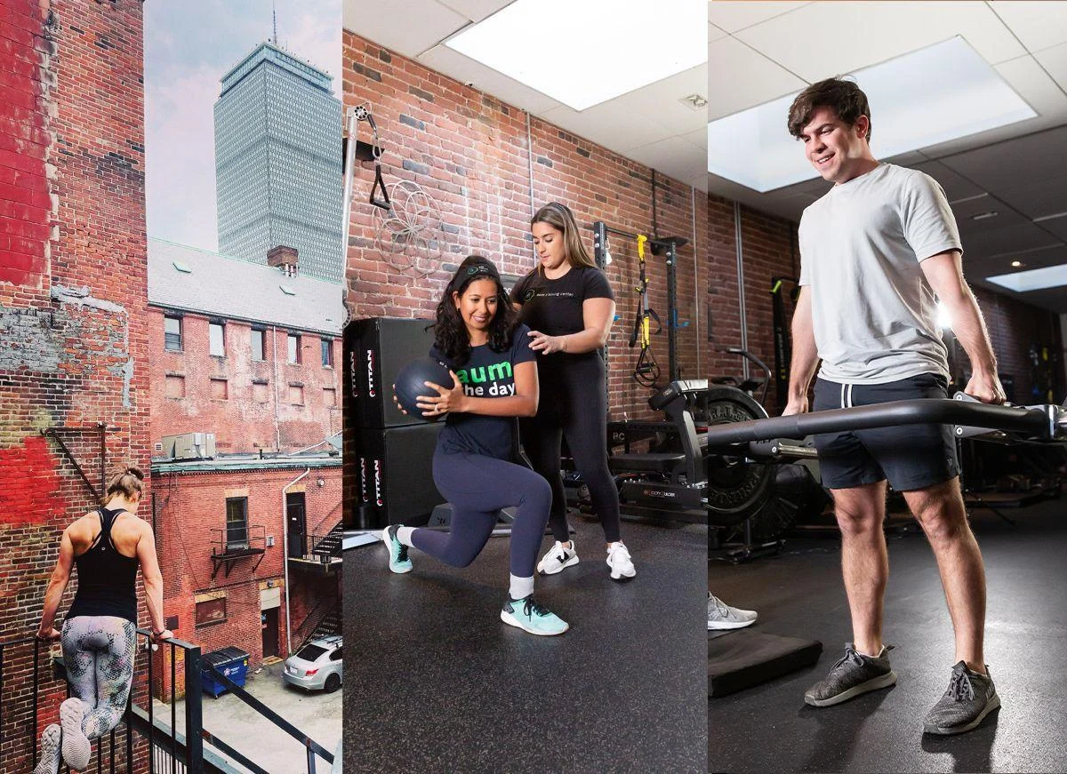 Three scenes: a woman does triceps dips outdoors, two women train with a medicine ball indoors, and a man lifts a barbell in a gym. All settings have brick walls.
