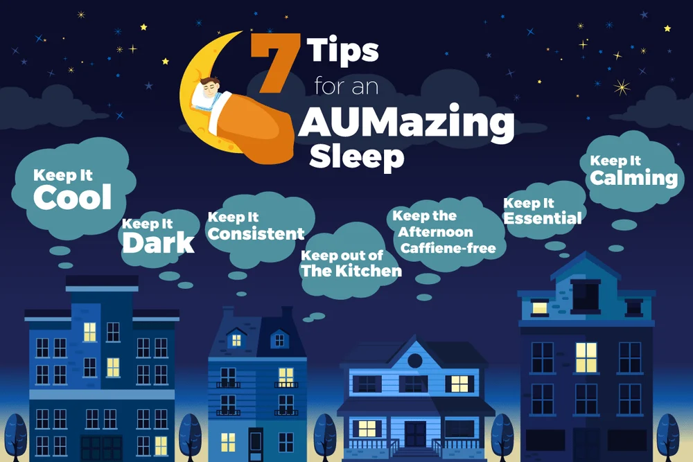 aum-sleep-tips Infographic titled "7 Tips for an AUMazing Sleep" showing seven sleep tips above houses at night with a person sleeping on a crescent moon.