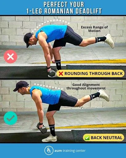 how-to-do-single-leg-romanian-deadlift Two images demonstrate a 1-leg Romanian deadlift. The top image shows incorrect form with a rounded back; the bottom shows correct form with a neutral back and proper alignment.