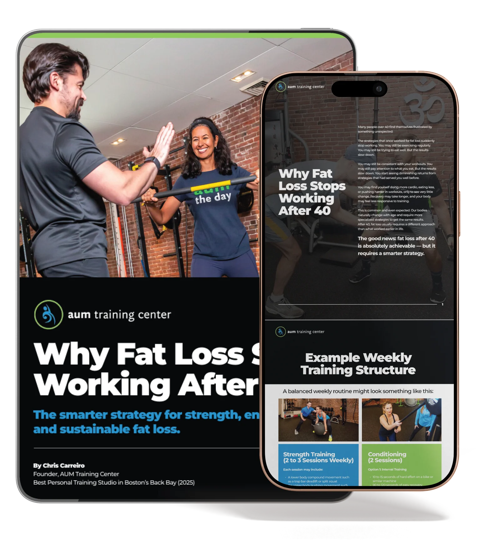 Group 52@2x A man and a woman exercise with resistance bands. In the foreground, a tablet and phone display fitness articles about fat loss and weekly training structure.