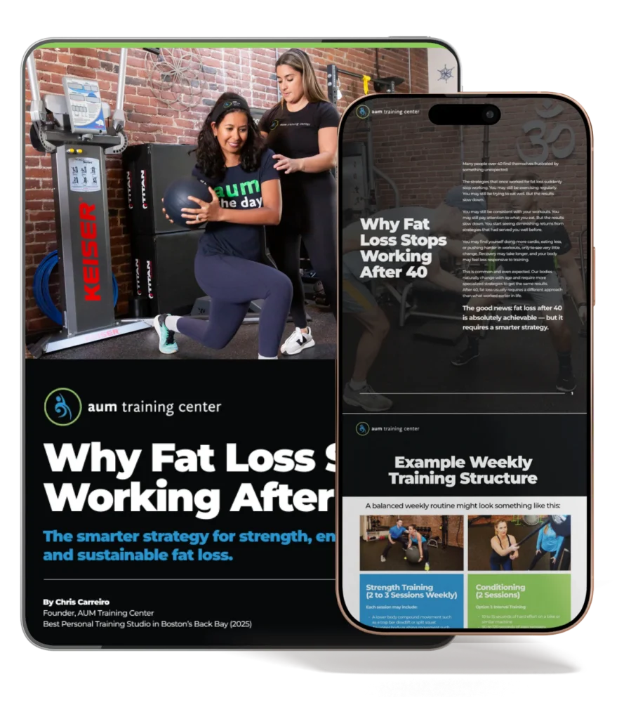 Untitled design – 2026-06-09T165112.934 A tablet and smartphone display a fitness article titled "Why Fat Loss Stops Working After 40," featuring an image of two women exercising in a gym with tips from a Boston Personal Trainer.