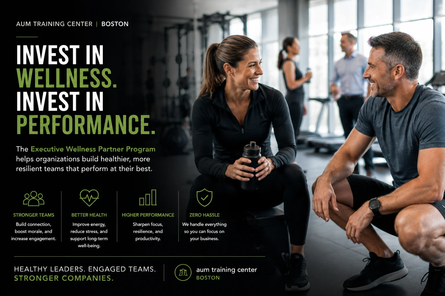 Two people in athletic wear sit and smile at each other in a gym, surrounded by workout equipment. Wellness and performance program details appear in text on the left side of the image.