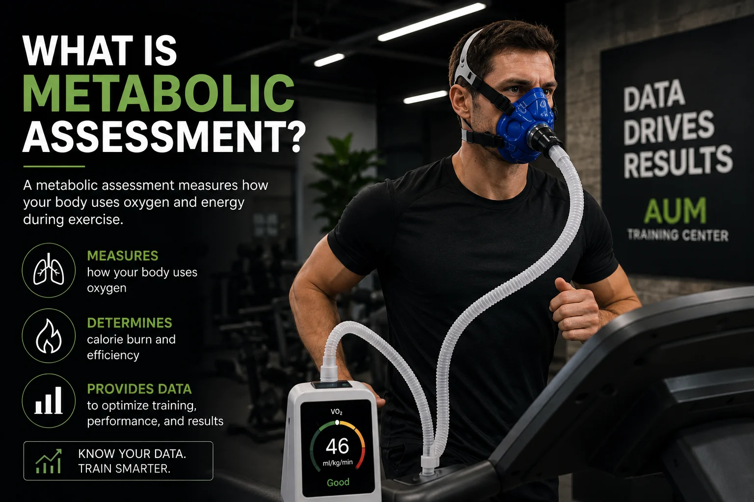 What Is a Metabolic Assessment? A man runs on a treadmill wearing a metabolic assessment mask; a monitor and the Apple Watch VO2 max feature display data, while informational text explains metabolic assessment benefits.