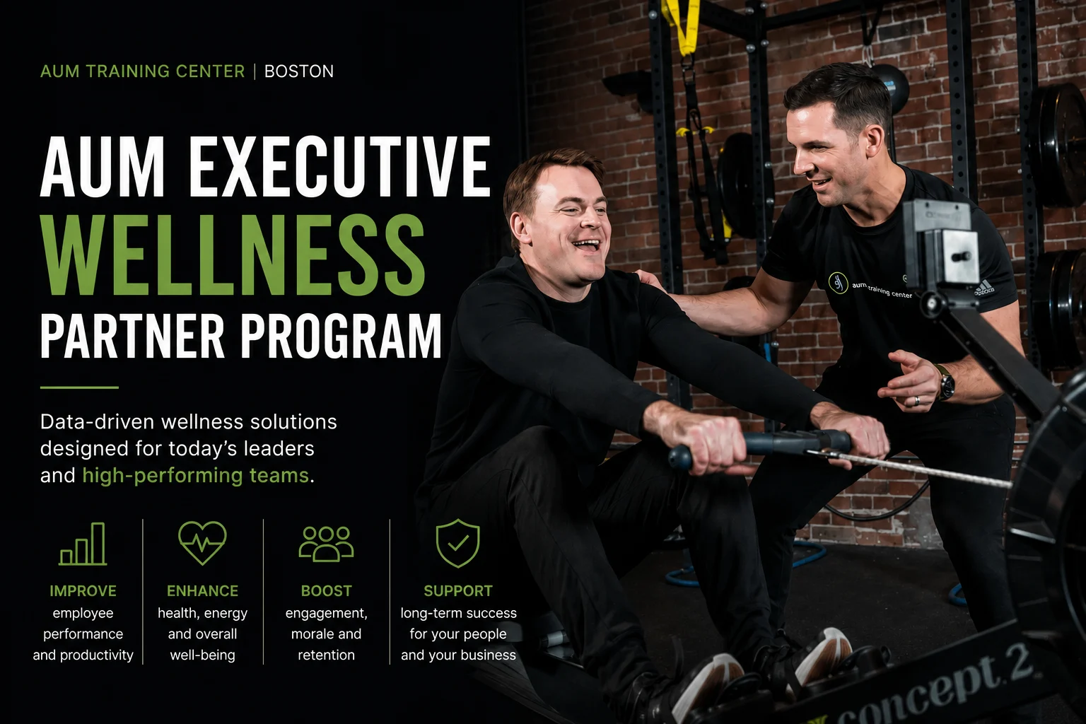 Two men exercise together in a gym. The left side of the image features text promoting the AUM Executive Wellness Partner Program and its benefits for leaders and teams, highlighting why Boston professionals are turning to this comprehensive executive wellness partner for optimal performance.