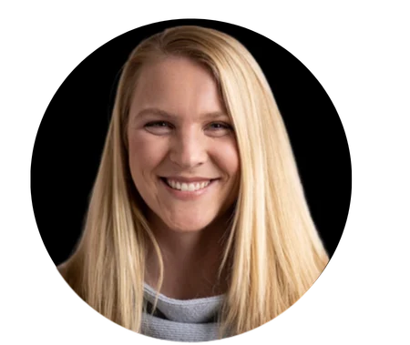 Melissa Hines Smiling woman with long straight blonde hair, wearing a light-colored top, photographed against a plain black background in a circular frame—capturing the confident energy of a Boston Personal Trainer.